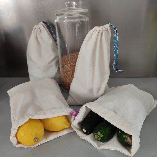 Sac à vrac en coton très résistant pour transporter et stocker les aliments achetés en vrac. Disponible en plusieurs tailles