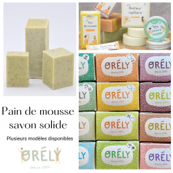 Savon bio artisanal pain de mousse Orély savon solide bio fabriqué à la main en Normandie. Saponifié à froid et surgras.