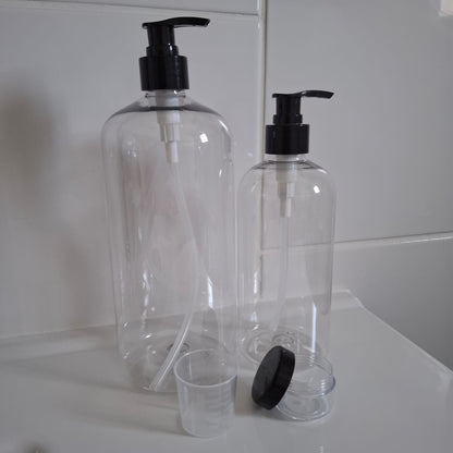 Le kit complet pour se lancer dans les recettes zéro déchet : flacon 1L, 500ml, doseur 30ml + pot bonus offert. 10€ frais de port inclus. Livraison France
