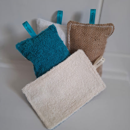 Pack 4 éponges lavables zéro déchet Gratounette Doucette Blanchette Platounette - coton upcyclé sans microfibre fabriqué en France - l'Aiguille Verte